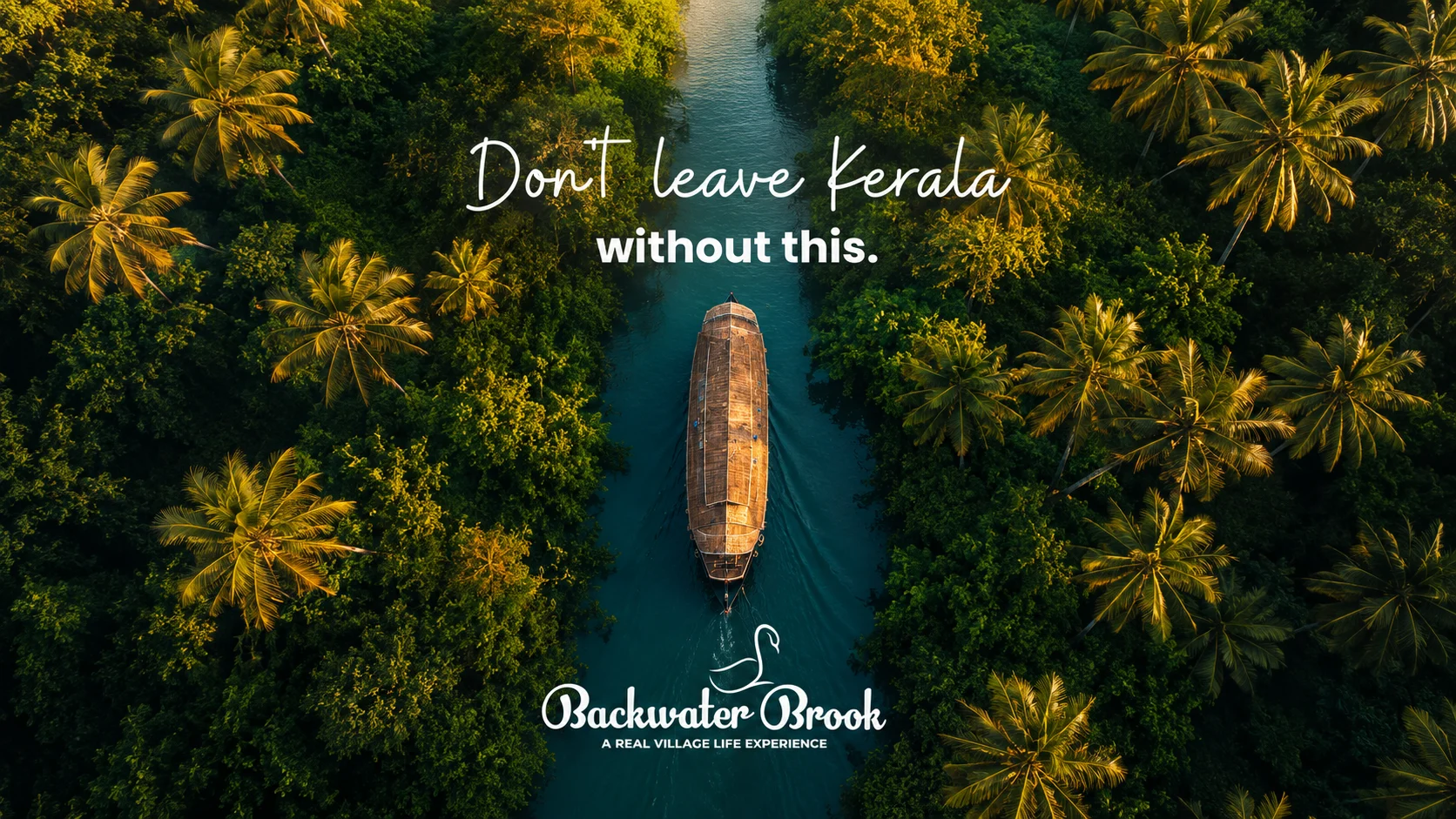 Backwater Brook campaign creative — Don't leave Kerala without this, aerial houseboat through the backwaters