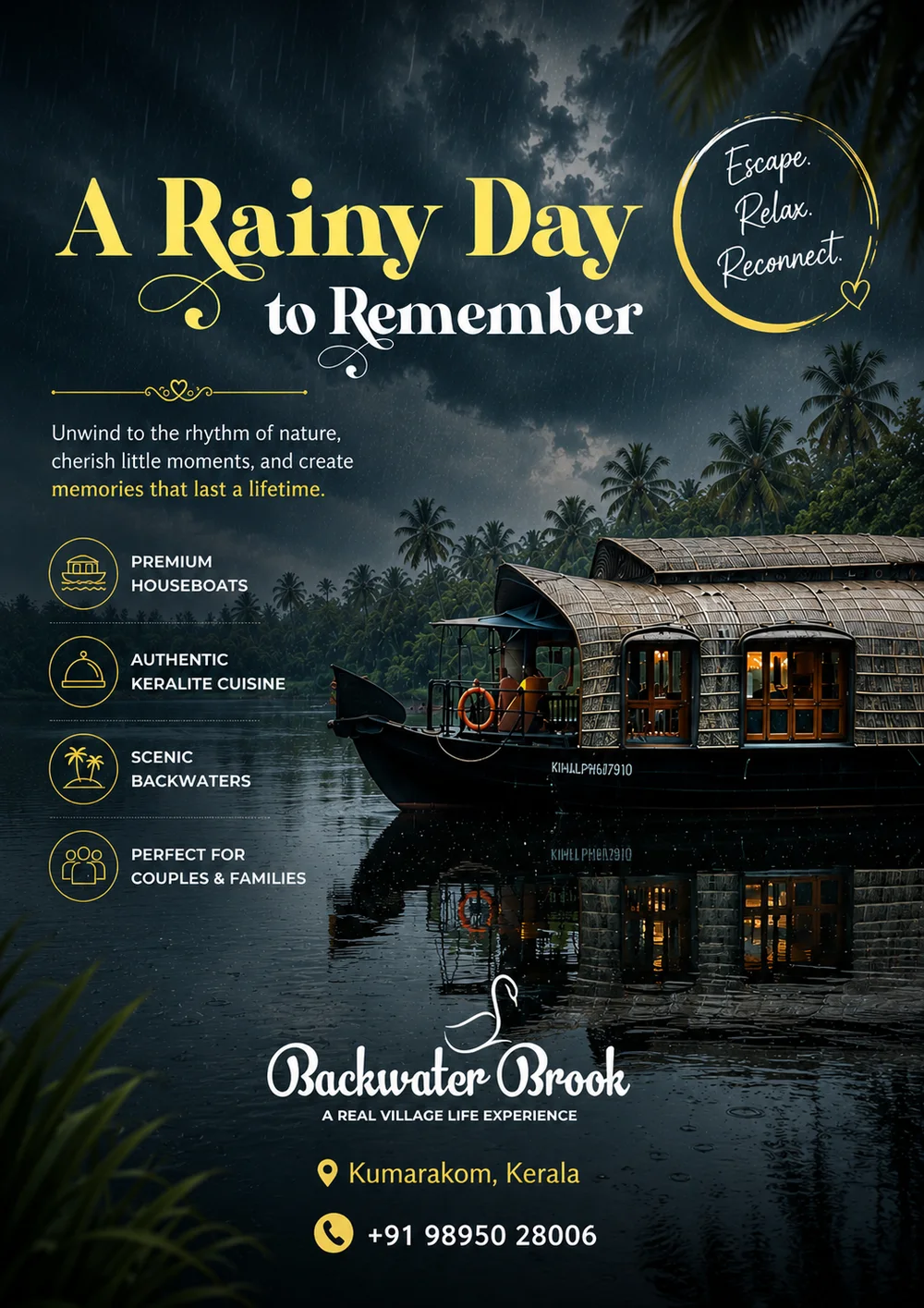 Backwater Brook creative — A Rainy Day to Remember, houseboat in monsoon rain
