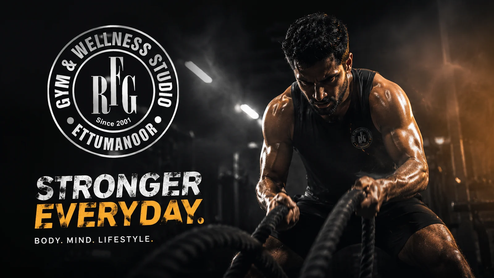 RFG Gym campaign creative — Stronger Everyday, athlete on battle ropes