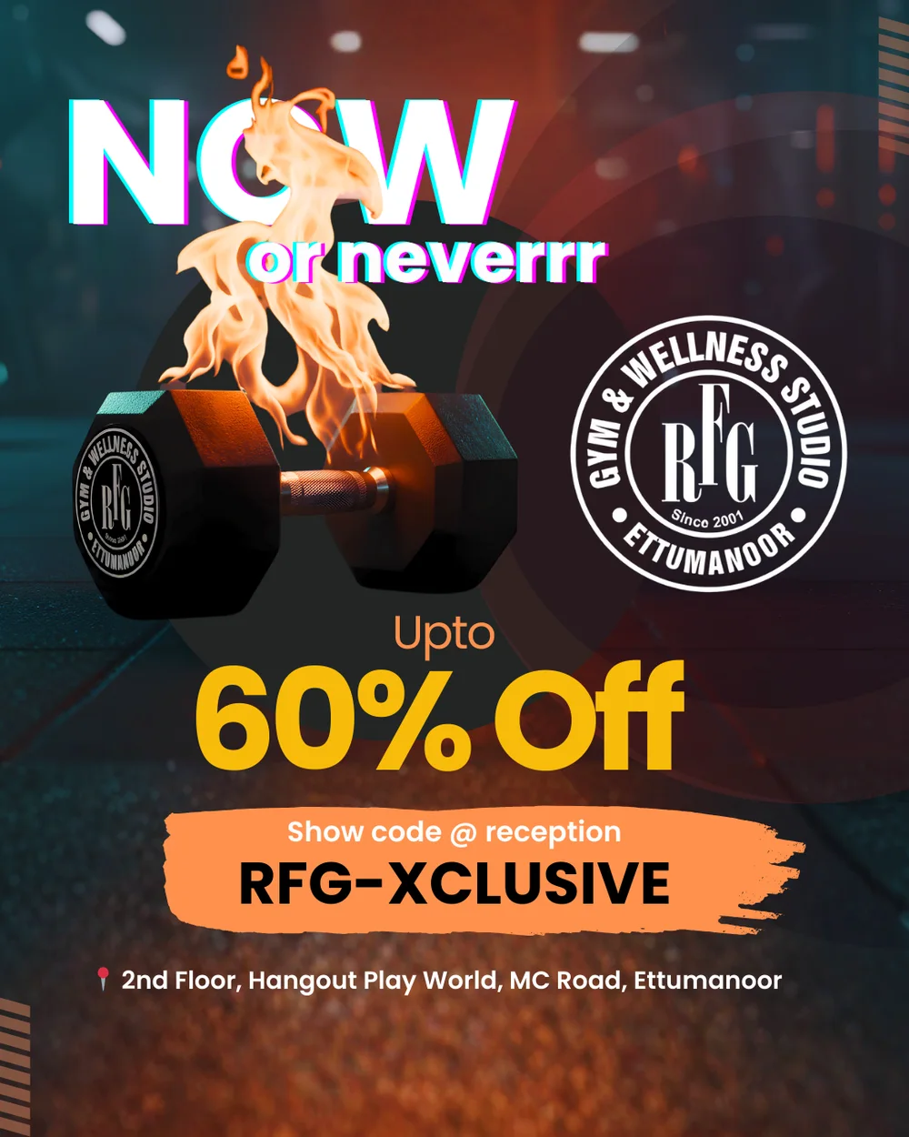 RFG Gym offer static — Now or never, up to 60% off, Version C